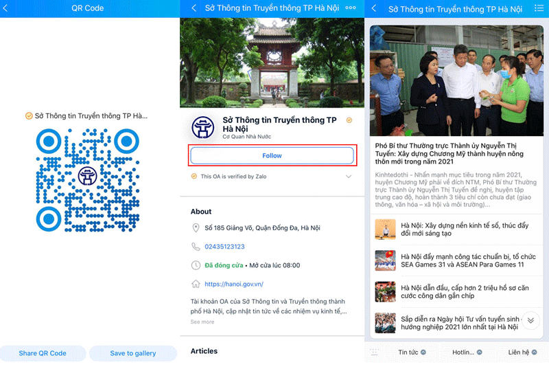 Quét mã QR Code và bấm “Quan tâm” để truy cập vào tài khoản Zalo “Sở Thông tin Truyền thông TP Hà Nội”