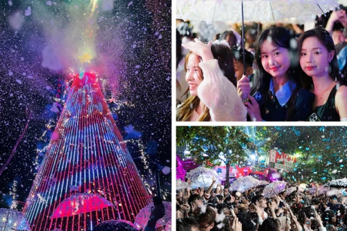 Giới trẻ thích thú trải nghiệm "mưa tuyết" đêm Giáng sinh