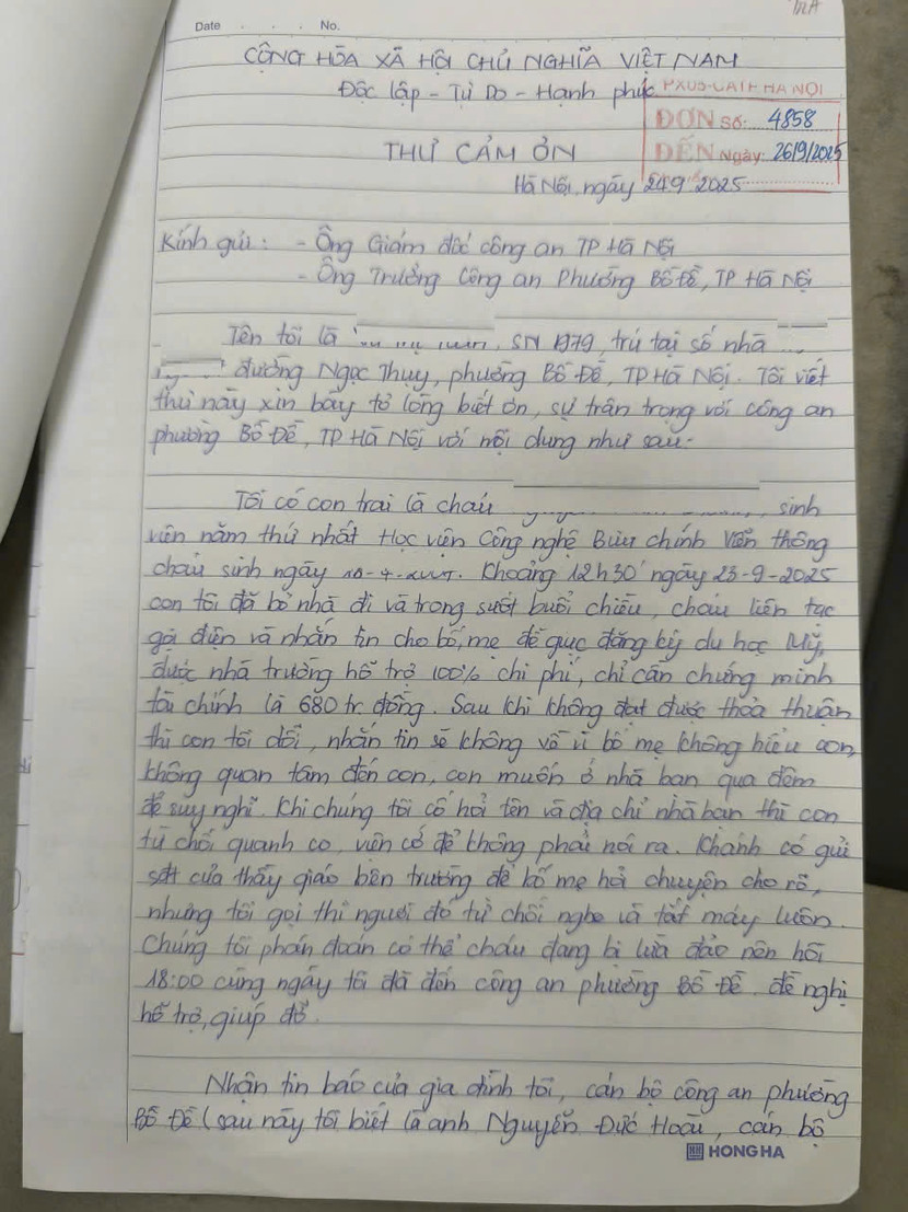 Lá thư cảm ơn của gia đình K gửi các chiến sỹ Công an phường Bồ Đề Lá thư cảm ơn của gia đình K gửi các chiến sỹ Công an phường Bồ Đề