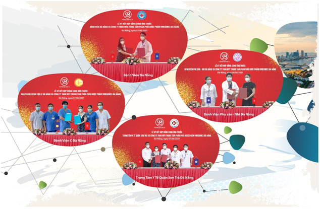 Ths. BS Trần Mỹ Linh –TGĐ TTPP Dược phẩm Vimedimex Đà Nẵng tại buổi ký kết Hợp đồng cung ứng thuốc với TS.BS. Lê Đức Nhân - Giám đốc Bệnh viện Đà Nằng, BSCK2. Nguyễn Trọng Thiện - Giám đốc Bệnh viện C Đà Nẵng, TS.BS. Trần Đình Vinh Giám đốc Bệnh Viện Phụ Sản - Nhi Đà Nẵng và BSCK1. Phạm Hồng Nam Trung tâm y tế quận Sơn Trà Ths. BS Trần Mỹ Linh –TGĐ TTPP Dược phẩm Vimedimex Đà Nẵng tại buổi ký kết Hợp đồng cung ứng thuốc với TS.BS. Lê Đức Nhân - Giám đốc Bệnh viện Đà Nằng, BSCK2. Nguyễn Trọng Thiện - Giám đốc Bệnh viện C Đà Nẵng, TS.BS. Trần Đình Vinh Giám đốc Bệnh Viện Phụ Sản - Nhi Đà Nẵng và BSCK1. Phạm Hồng Nam Trung tâm y tế quận Sơn Trà