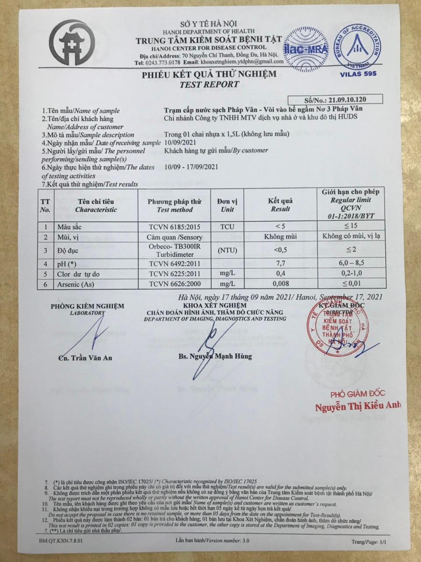 Một kết quả kiểm định chất lượng nước gần nhất tại khu đô thị Pháp Vân - Tứ Hiệp