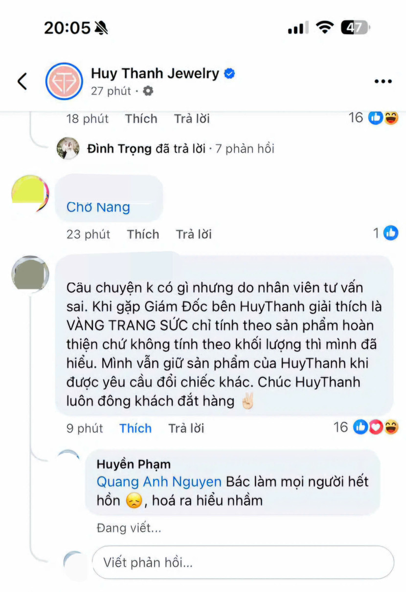 Khách hàng N.Q.A chia sẻ về sự hiểu lầm tại fanpage của Huy Thanh Jewelry Khách hàng N.Q.A chia sẻ về sự hiểu lầm tại fanpage của Huy Thanh Jewelry