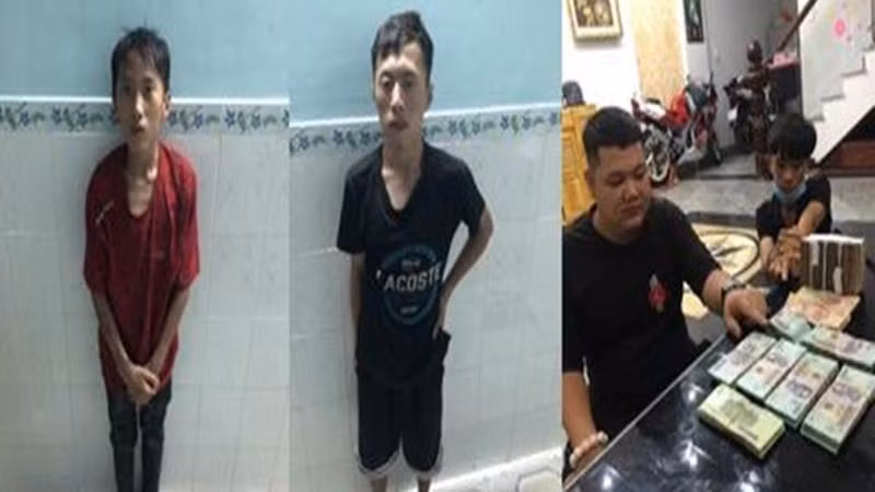 Các đối tượng bị công an bắt giữ cùng với tang vật (Ảnh: Dân trí)
