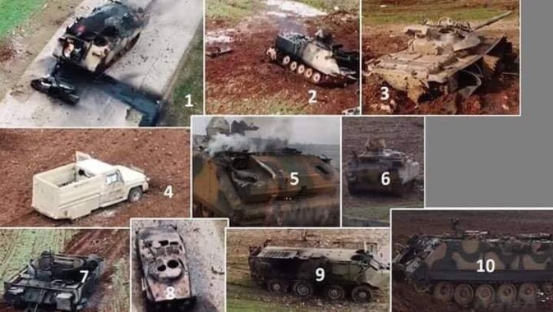 Hình ảnh những chiếc xe tăng và xe bọc thép của quân đội Thổ Nhĩ Kỳ bị phá hủy được chia sẻ trên mạng xã hội Hình ảnh những chiếc xe tăng và xe bọc thép của quân đội Thổ Nhĩ Kỳ bị phá hủy được chia sẻ trên mạng xã hội