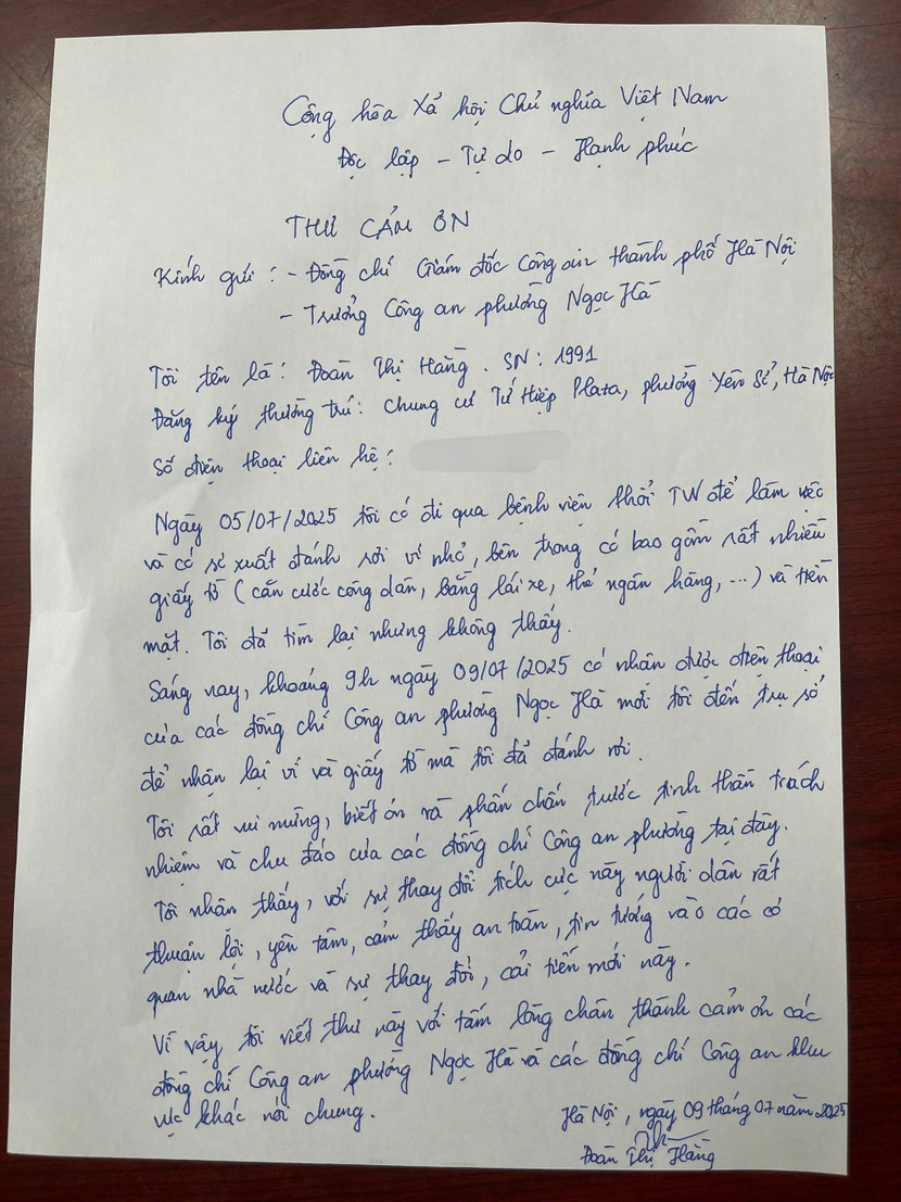 Lá thư cảm ơn chị Đoàn Thị Hằng gửi đến Công an phường Ngọc Hà Lá thư cảm ơn chị Đoàn Thị Hằng gửi đến Công an phường Ngọc Hà
