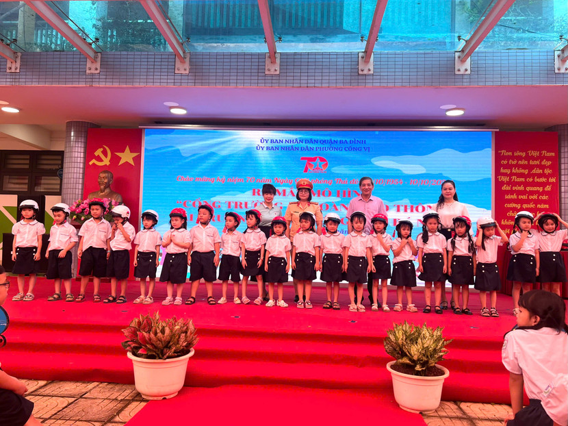 Các em học sinh Trường Tiểu học Nguyễn Bá Ngọc đã được lãnh đạo quận Ba Đình, Cục Cảnh sát giao thông (Bộ Công an) và Phòng Cảnh sát giao thông (Công an TP Hà Nội) tặng mũ bảo hiểm.