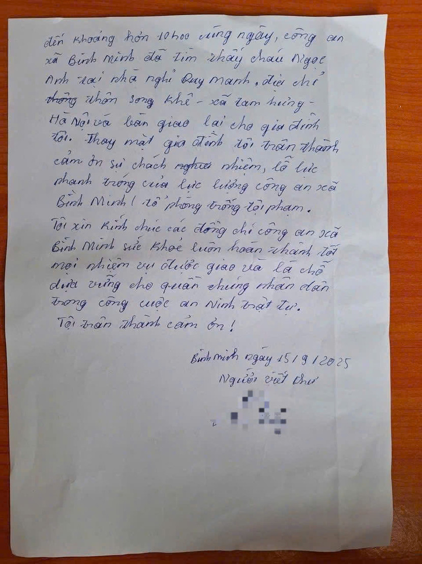 Lá thư cảm ơn của chị H gửi đến Công an xã Bình Minh