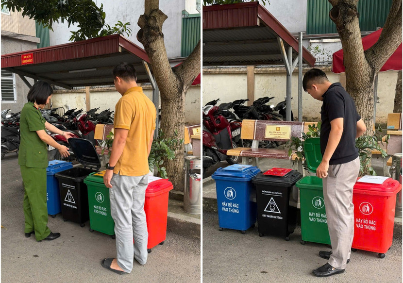 Cán bộ Công an phường hướng dẫn người dân phân loại rác đúng thùng, đúng loại Cán bộ Công an phường hướng dẫn người dân phân loại rác đúng thùng, đúng loại