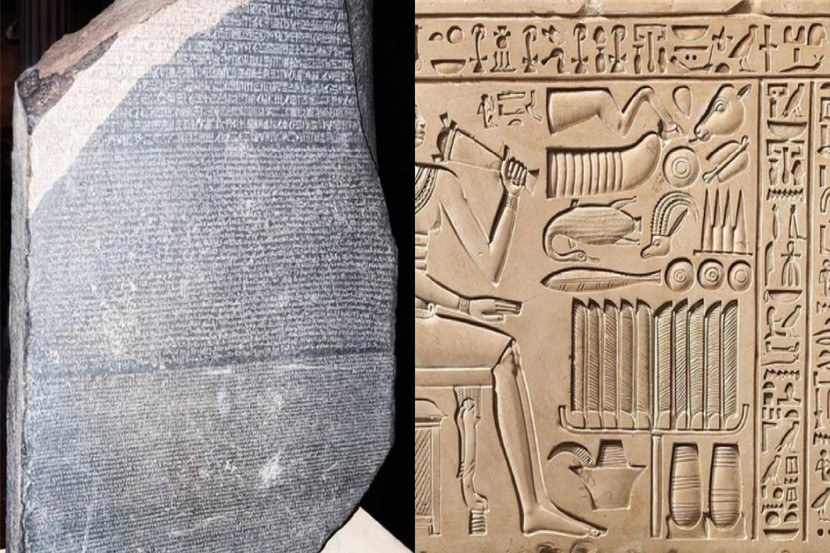 Phiến Đá Rosetta có khắc một sắc lệnh được viết bằng ba loại chữ: Trên cùng là chữ tượng hình Ai Cập Cổ đại, ở giữa là ký tự Demotic và dưới cùng là tiếng Hy Lạp cổ đại. Phiến Đá Rosetta có khắc một sắc lệnh được viết bằng ba loại chữ: Trên cùng là chữ tượng hình Ai Cập Cổ đại, ở giữa là ký tự Demotic và dưới cùng là tiếng Hy Lạp cổ đại.