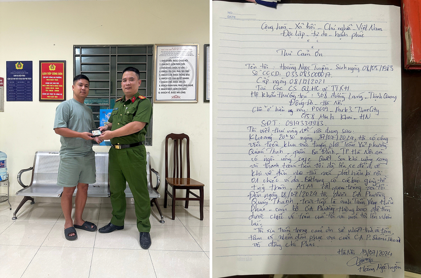 Anh Hoàng Ngọc Tuyền vui mừng nhận lại tài sản và viết thư cảm ơn gửi Công an phường Quán Thánh