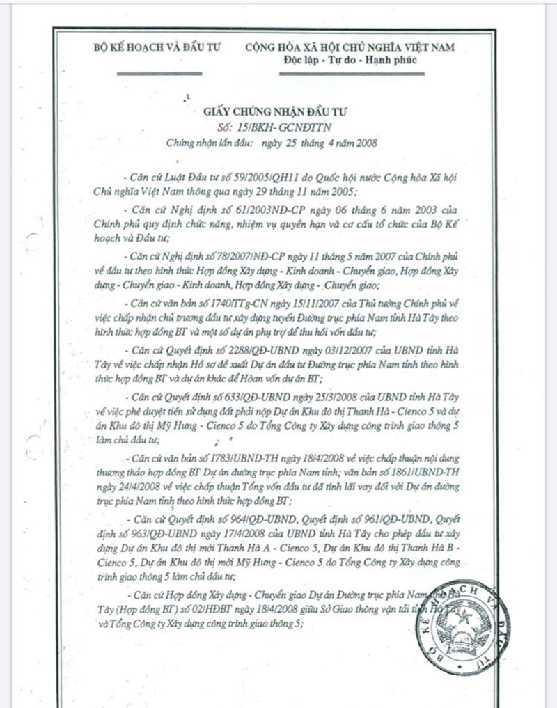 Giấy chứng nhận đầu tư của dự án