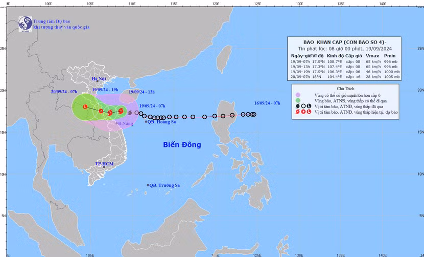 Bão số 4 được dự báo đổ bộ vào Quảng Trị - Quảng Nam vào cuối giờ chiều nay 19/9 Bão số 4 được dự báo đổ bộ vào Quảng Trị - Quảng Nam vào cuối giờ chiều nay 19/9