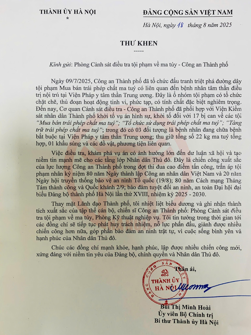 Đồng chí Bùi Thị Minh Hoài, Uỷ viên Bộ Chính trị, Bí thư Thành uỷ Hà Nội gửi thư khen các đơn vị Công an Hà Nội Đồng chí Bùi Thị Minh Hoài, Uỷ viên Bộ Chính trị, Bí thư Thành uỷ Hà Nội gửi thư khen các đơn vị Công an Hà Nội