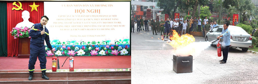 Cán bộ chiến sỹ Đội CC và CNCH khu vực số 32 hướng dẫn đại biểu cách sử dụng các phương tiện chữa cháy tại chỗ.