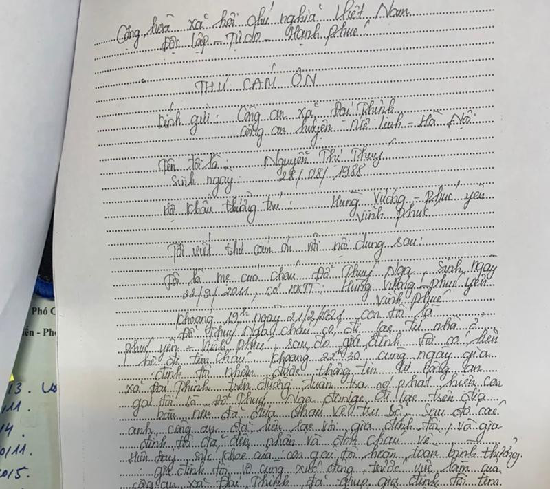 Gia đình cháu bé bị lạc đã gửi thư cảm ơn Công an xã Đại Thịnh
