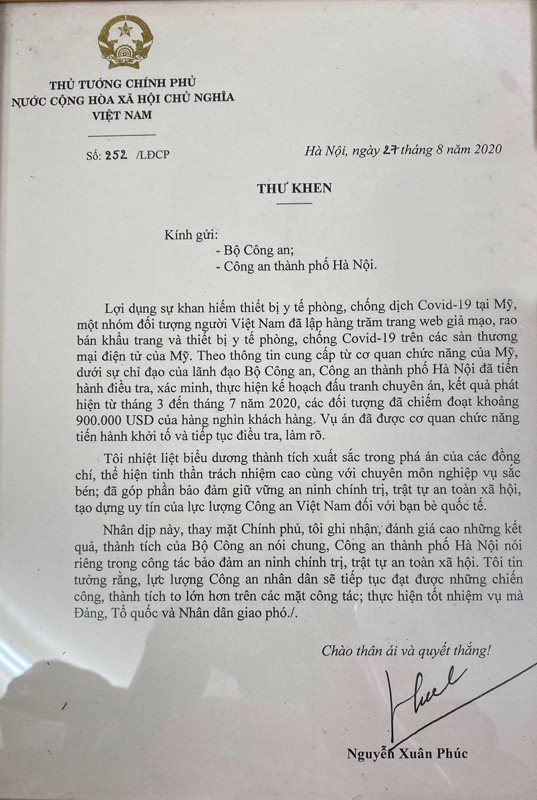 Thư khen của Thủ tướng Chính phủ Nguyễn Xuân Phúc gửi CATP Hà Nội Thư khen của Thủ tướng Chính phủ Nguyễn Xuân Phúc gửi CATP Hà Nội