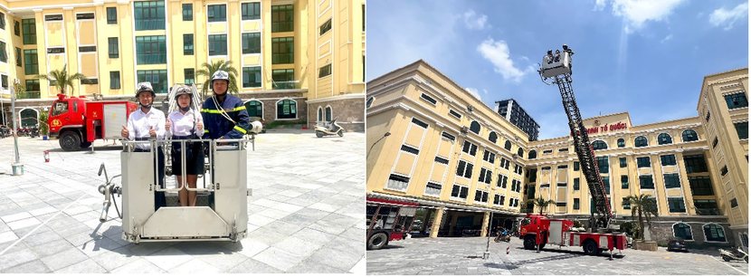 Người dân thực hành thoát nạn bằng xe thang cứu hộ chuyên dụng Người dân thực hành thoát nạn bằng xe thang cứu hộ chuyên dụng