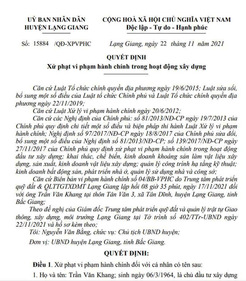 Chủ tịch UBND huyện Lạng Giang ra quyết định xử phạt và yêu cầu đình chỉ công trình vi phạm tại xã Tân Dĩnh Chủ tịch UBND huyện Lạng Giang ra quyết định xử phạt và yêu cầu đình chỉ công trình vi phạm tại xã Tân Dĩnh
