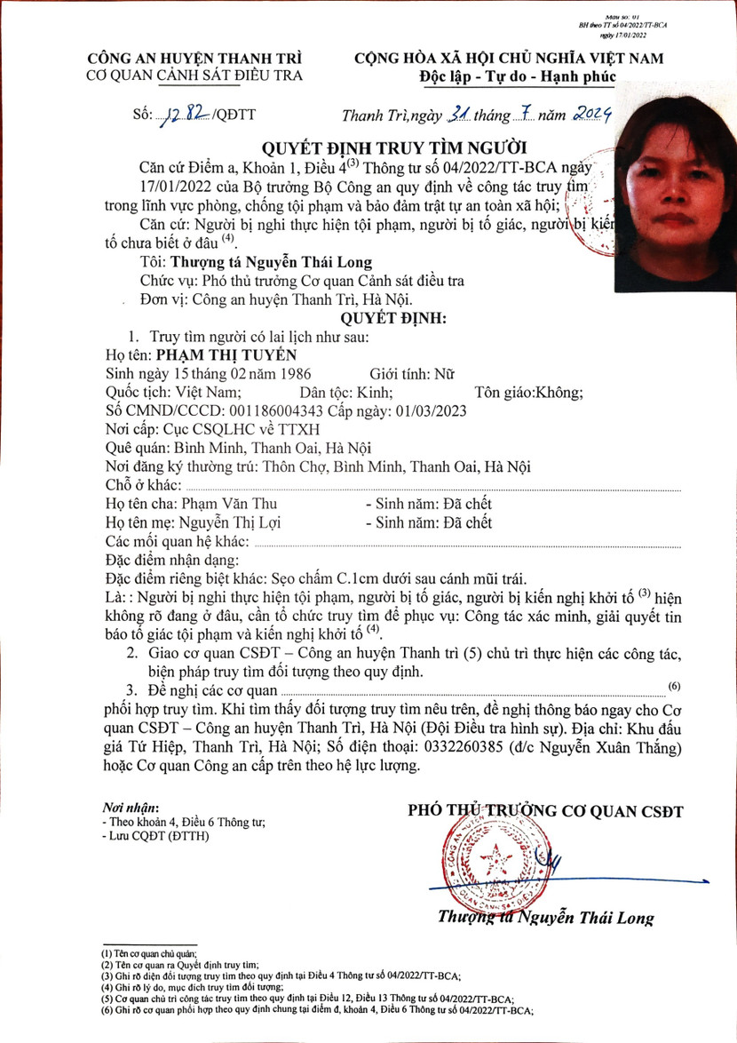 Quyết định truy tìm Phạm Thị Tuyến Quyết định truy tìm Phạm Thị Tuyến