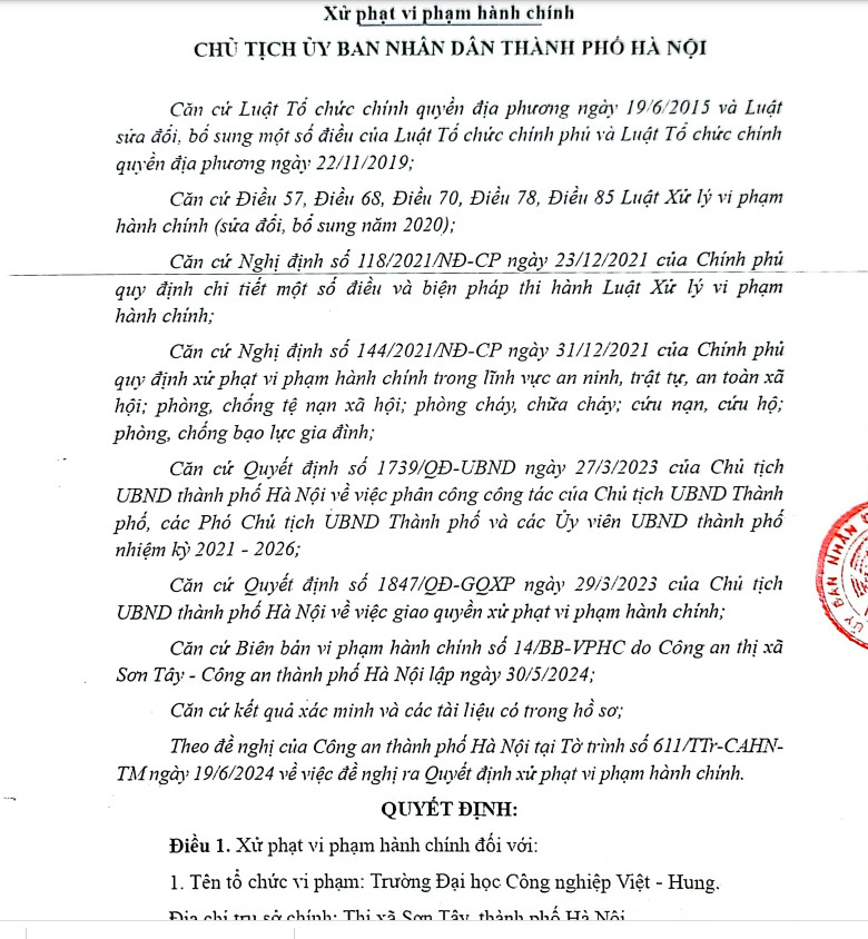 Quyết định xử phạt Trường Đại học Công nghiệp Việt - Hung Quyết định xử phạt Trường Đại học Công nghiệp Việt - Hung