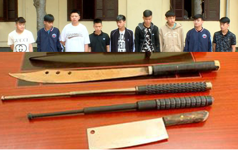 Các đối tượng và hung khí cơ quan Công an thu giữ