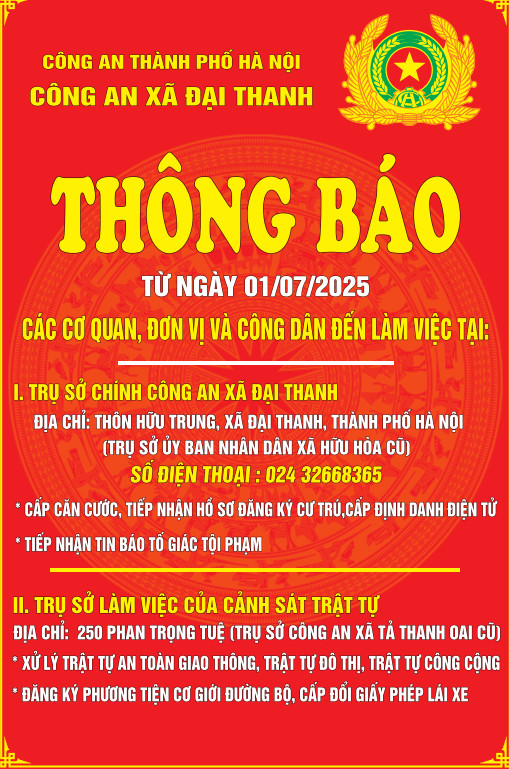 CAX Đại Thanh thông báo điểm tiếp công dân
