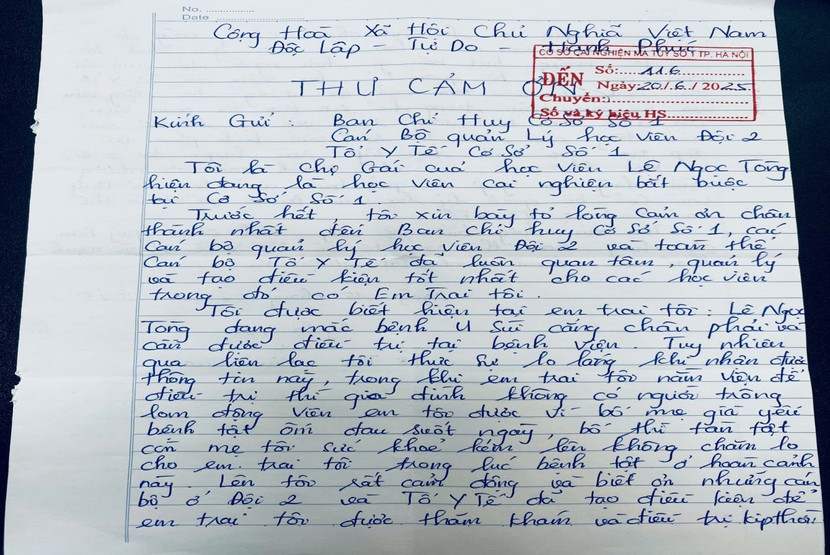 Bức thư cảm người dân gửi cảm ơn Cơ sở cai nghiện ma túy số 1