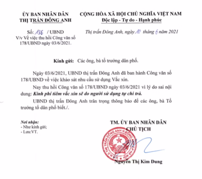 Chủ tịch UBND thị trấn Đông Anh ra Công văn 186 /UBND để thu hồi Công văn số 178/UBND