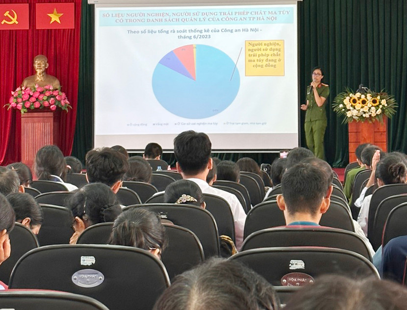 Trung tá Nguyễn Thu Hà, Phó Đội trưởng Đội 2 – Phòng Cảnh sát ĐTTP về ma túy tuyên truyền, phổ biến pháp luật phòng, chống ma túy cho người dân