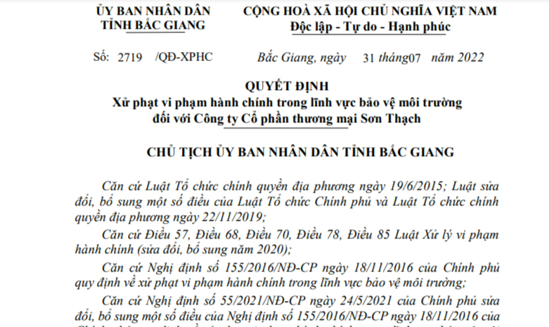 Quyết định xử phạt Công ty Cổ phần thương mại Sơn Thạch Quyết định xử phạt Công ty Cổ phần thương mại Sơn Thạch