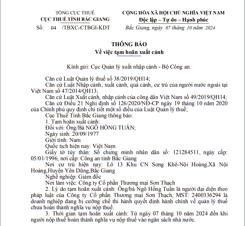 Thông báo việc tạm hoãn xuất cảnh Thông báo việc tạm hoãn xuất cảnh