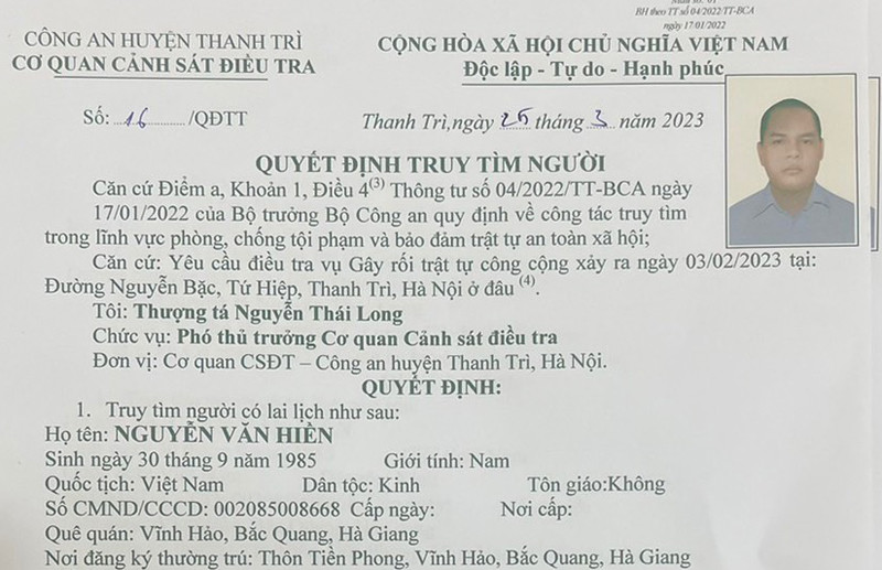 Thông báo truy tìm đối tượng Hiền