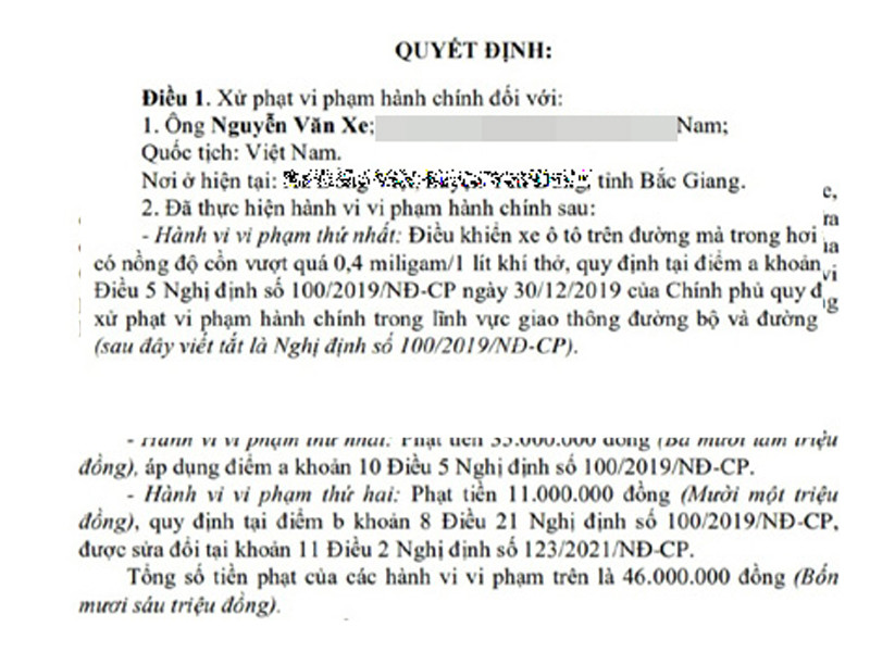 Quyết định xử phạt số tiền 46 triệu đồng đối với lái xe có nồng độ cồn