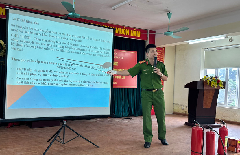 Thiếu tá Hoàng Đức Mạnh tuyên truyền, hướng dẫn các nội dung cơ bản về công tác PCCC và CNCH với từng lĩnh vực cơ sở phù hợp với đối tượng tham gia tập huấn Thiếu tá Hoàng Đức Mạnh tuyên truyền, hướng dẫn các nội dung cơ bản về công tác PCCC và CNCH với từng lĩnh vực cơ sở phù hợp với đối tượng tham gia tập huấn