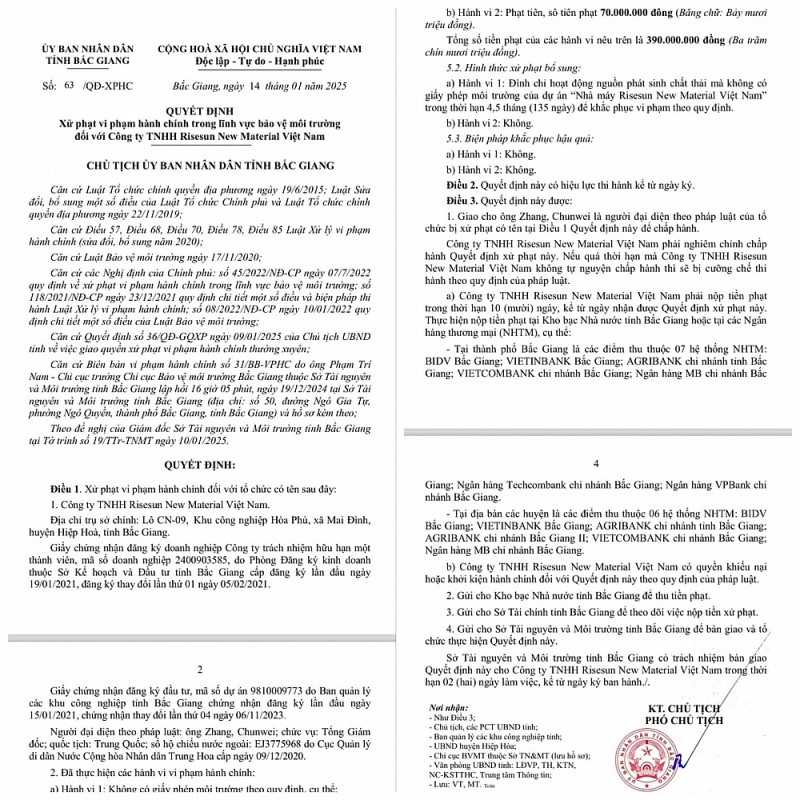 Công ty TNHH Risesun New Material Việt Nam tại Lô CN-09, Khu công nghiệp Hòa Phú, xã Mai Đình, huyện Hiệp Hoà bị UBND tỉnh Bắc Giang xử phạt 390 triệu đồng do vi phạm về môi trường Công ty TNHH Risesun New Material Việt Nam tại Lô CN-09, Khu công nghiệp Hòa Phú, xã Mai Đình, huyện Hiệp Hoà bị UBND tỉnh Bắc Giang xử phạt 390 triệu đồng do vi phạm về môi trường