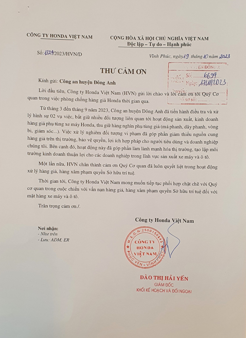Bức thư cảm ơn của Công ty Honda Việt Nam gửi CAH Đông Anh Bức thư cảm ơn của Công ty Honda Việt Nam gửi CAH Đông Anh