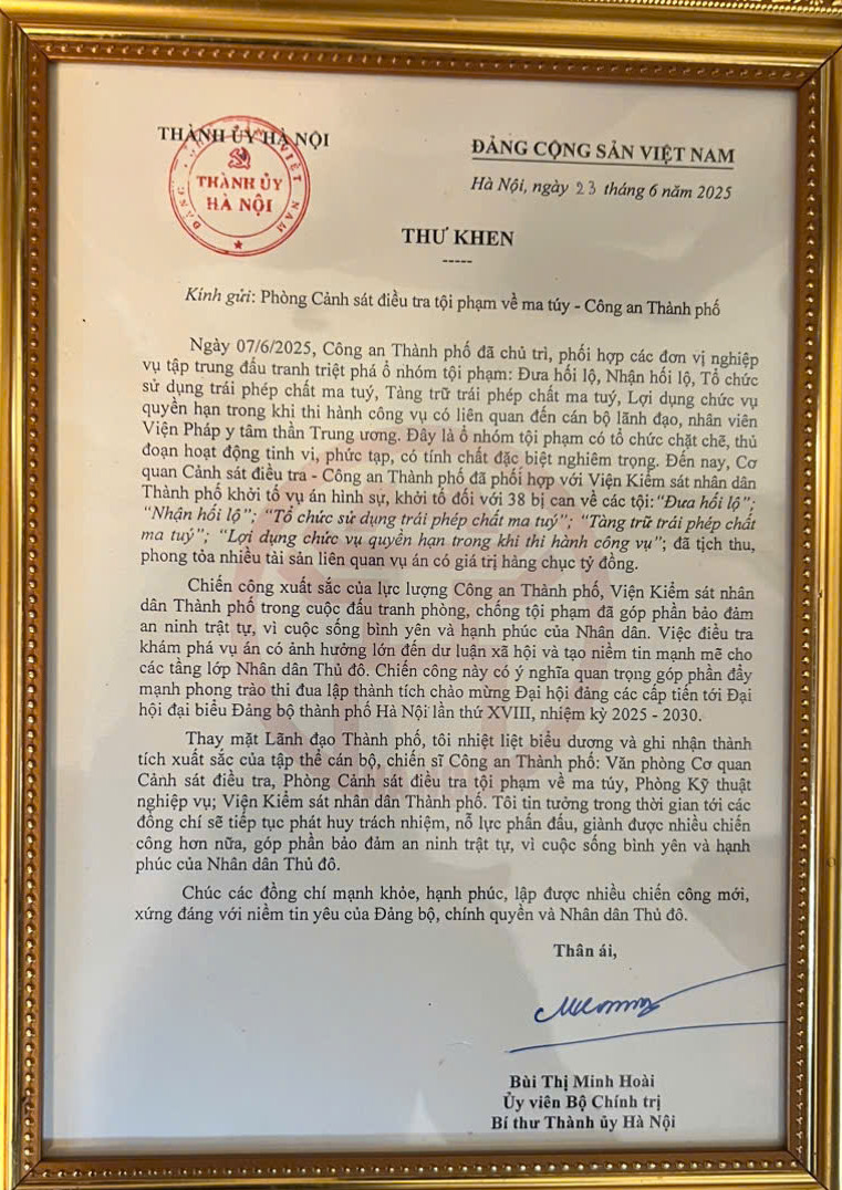 Thư khen của đồng chí Bùi Thị Minh Hoài - Ủy viên Bộ Chính trị - Bí thư Thành ủy Hà Nội