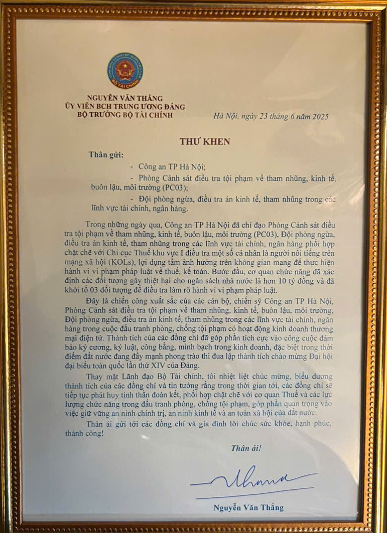Thư khen của đồng chí Nguyễn Văn Thắng- Ủy viên BCH Trung Ương Đảng - Bộ trưởng Bộ Tài Chính