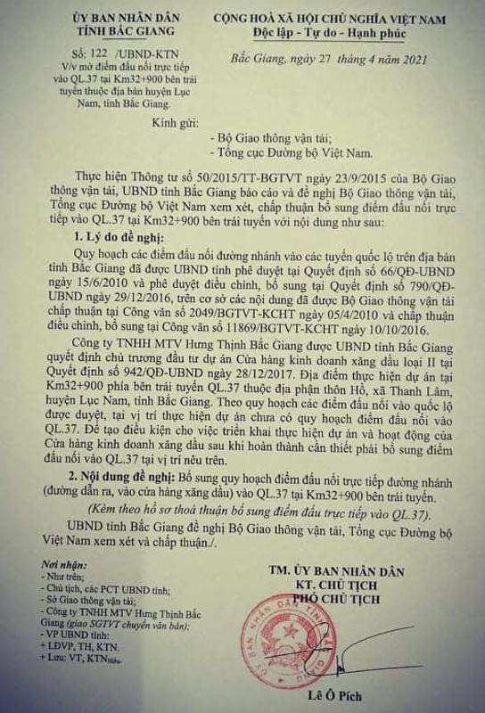 Ngày 27-4-2021, UBND tỉnh Bắc Giang có văn bản đề nghi xin Bộ GTVT bổ sung quy hoạch điểm đấu nối trực tiếp vào QL37 địa bàn huyện Lục Nam