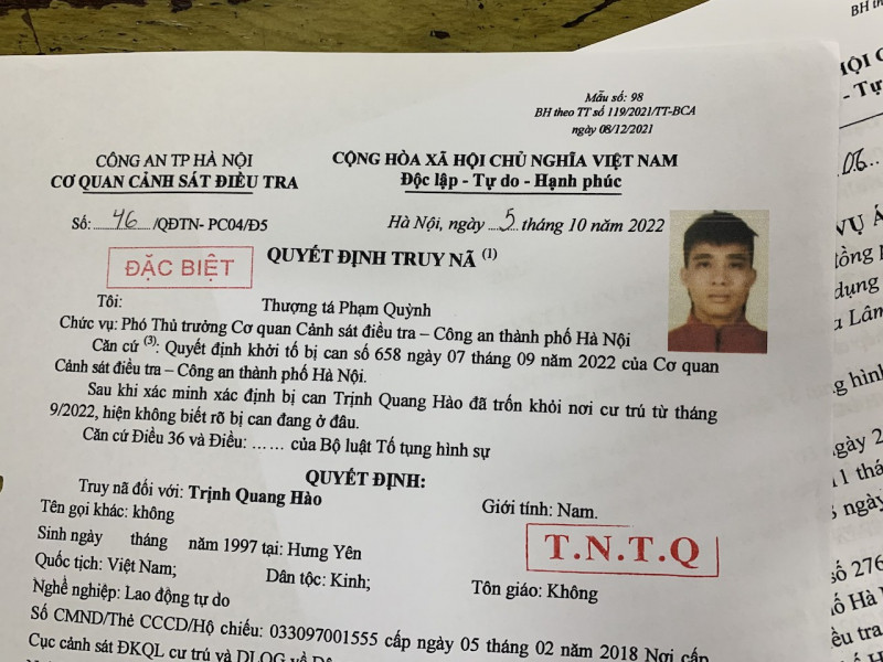 Quyết đinh truy nã đối tượng Trịnh Quang Hào Quyết đinh truy nã đối tượng Trịnh Quang Hào