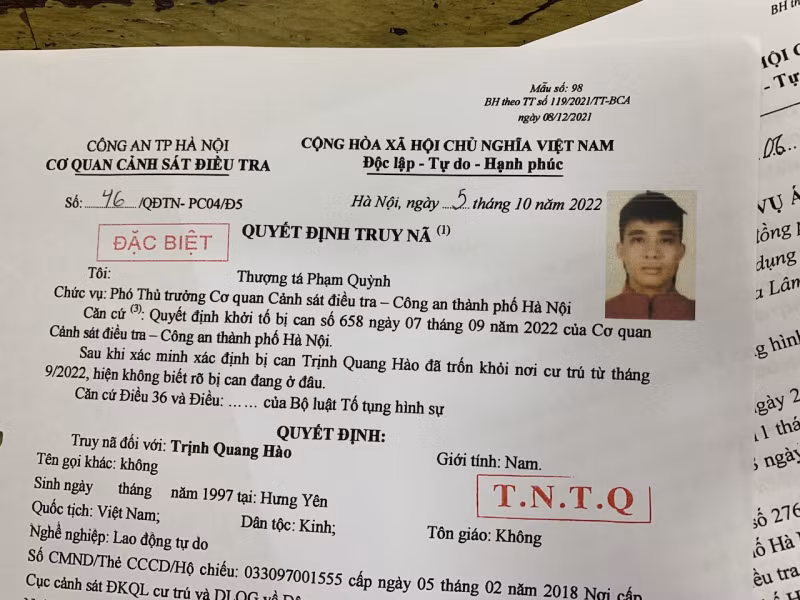 Quyết đinh truy nã đối tượng Trịnh Quang Hào