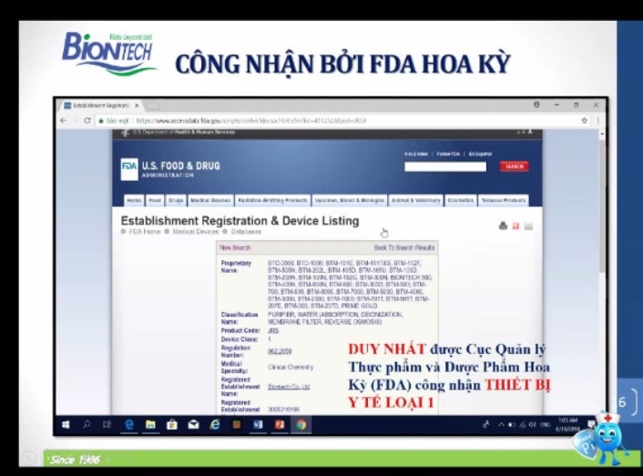 Máy ion kiềm của Biontech là duy nhất được FDA Hoa Kỳ công nhận là thiết bị y tế loại 1 dùng trong gia đình. Có thể dễ dàng tra cứu trên trang web của chính phủ Mỹ.