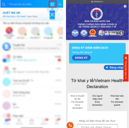 Các địa điểm yêu cầu quét mã QR để khai báo, người dân vào Zalo và chọn biểu tượng mã QR để quét, sau đó hoàn thành tờ khai