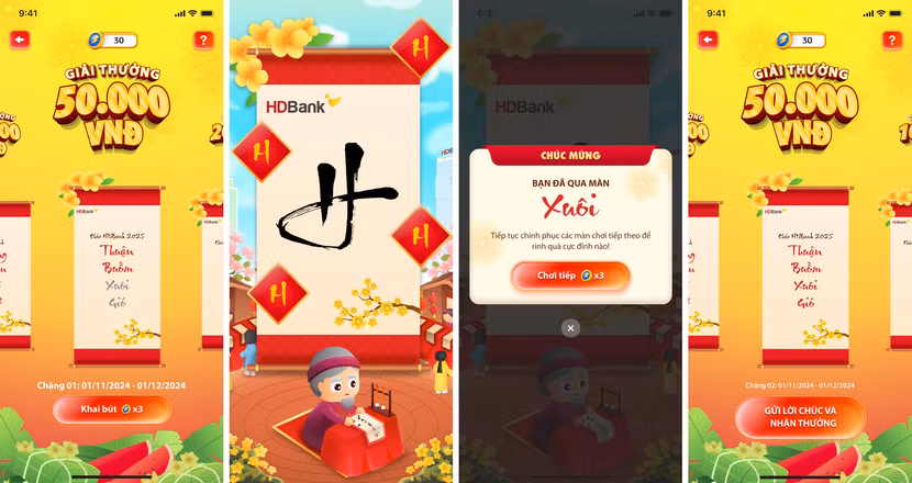 Trên hành trình du xuân ngắm mai đào nở trên app HDBank, khách hàng sẽ nhận được những lời chúc ý nghĩa từ Ông Đồ cùng cơ hội lãnh tiền thưởng “ting ting” ngay vào tài khoản.