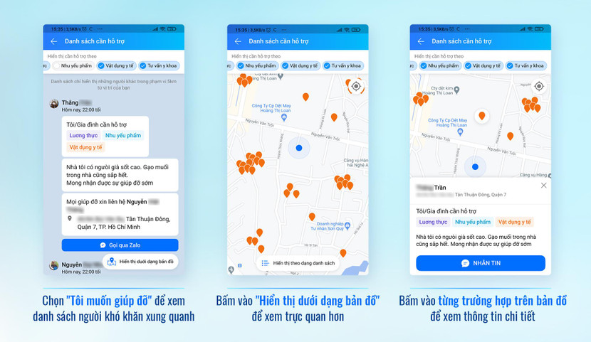 Danh sách người cần giúp đỡ có thể hiển thị dạng danh sách hoặc bản đồ Danh sách người cần giúp đỡ có thể hiển thị dạng danh sách hoặc bản đồ