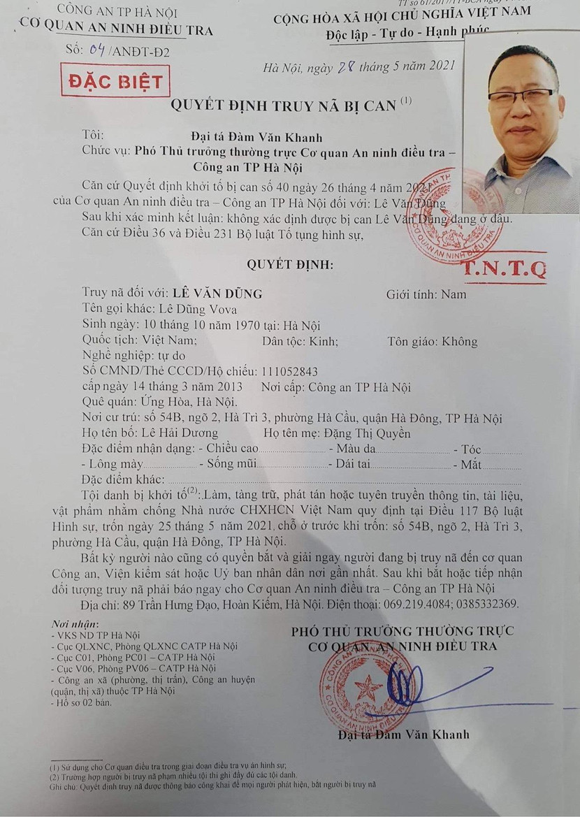 Quyết định Truy nã đặc biệt đối với Lê Văn Dũng (Lê Dũng Vova) Quyết định Truy nã đặc biệt đối với Lê Văn Dũng (Lê Dũng Vova)