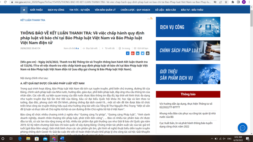Kết luận tranh tra của Thanh tra Bộ TT-TT đối với Báo Pháp luật Việt Nam Kết luận tranh tra của Thanh tra Bộ TT-TT đối với Báo Pháp luật Việt Nam
