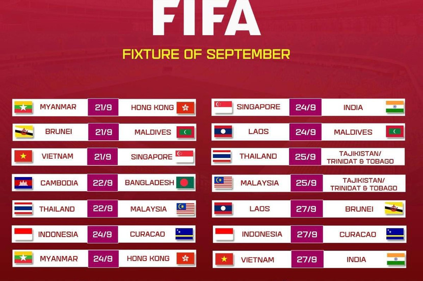 Lịch giao hữu FIFA Days tháng 9-2022 của các đội tuyển Đông Nam Á Lịch giao hữu FIFA Days tháng 9-2022 của các đội tuyển Đông Nam Á