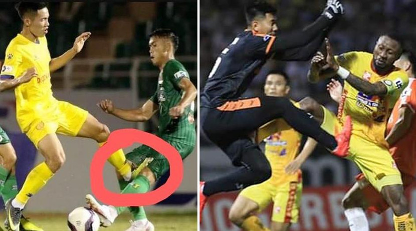 Pha vào bóng thô bạo của Thế Hưng (ảnh trái) và Samson (ảnh phải) tại vòng 6