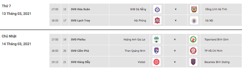 Lịch thi đấu -League 2021 cuối tuần này